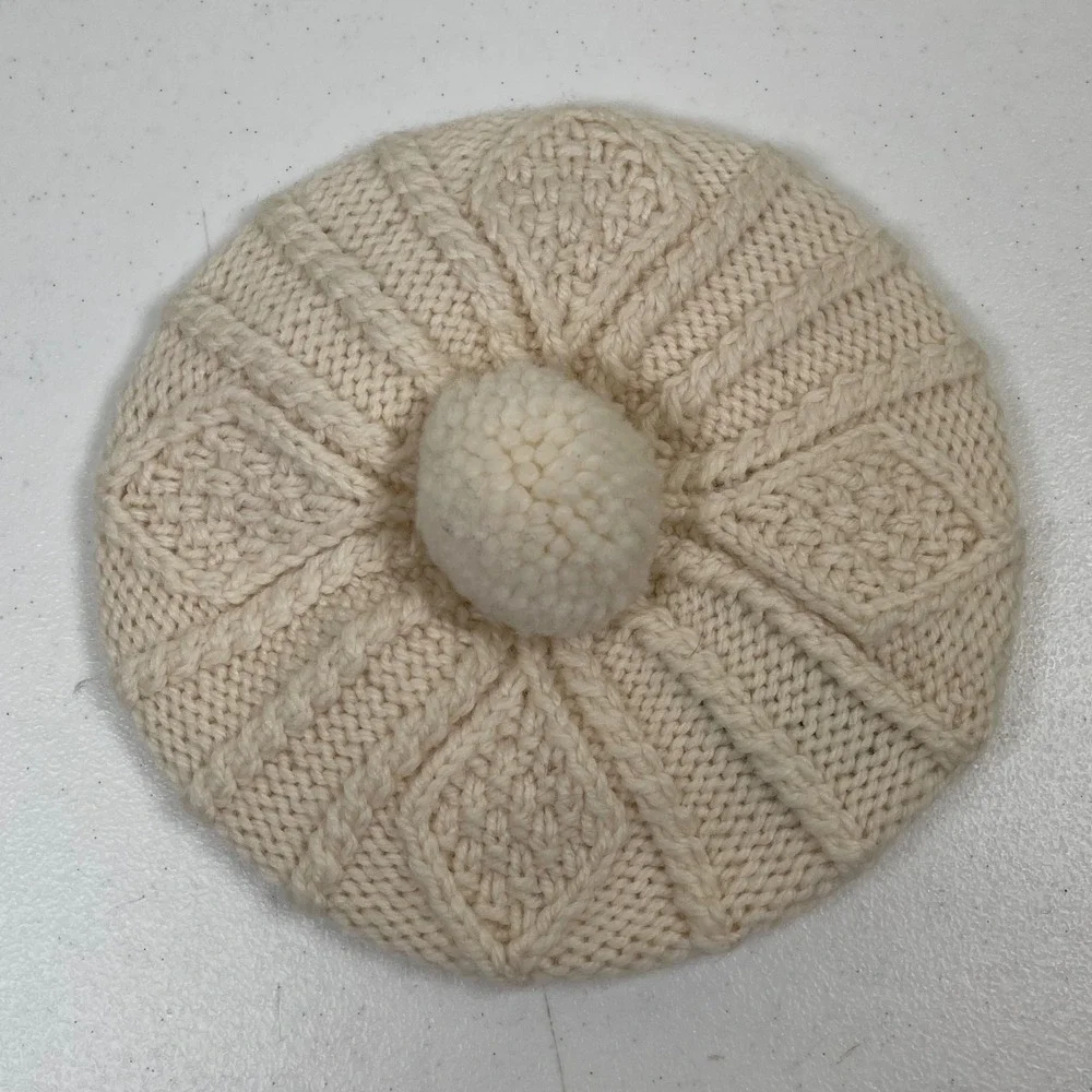 Aran Woollen Mills Handknit Beret Baby Kids Cream 100% Merino Wool Pom Pom‎ Hat